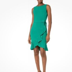 Calvin Klein teal high neck mini dress with ruffle and waist tie